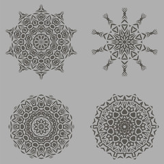 Grey Ornamental Line Rosettes. Endless Texture. Oriental Geometric Ornaments