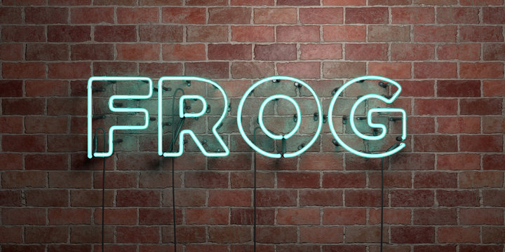 FROG - fluorescent Neon tube Sign on brickwork - Front view - 3D rendered royalty free stock picture. Can be used for online banner ads and direct mailers..