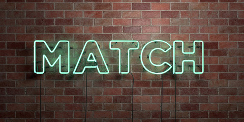 MATCH - fluorescent Neon tube Sign on brickwork - Front view - 3D rendered royalty free stock picture. Can be used for online banner ads and direct mailers..