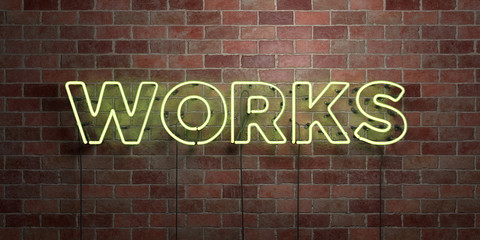 WORKS - fluorescent Neon tube Sign on brickwork - Front view - 3D rendered royalty free stock picture. Can be used for online banner ads and direct mailers..