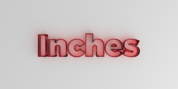 Inches - Red glass text on white background - 3D rendered royalty free stock image.