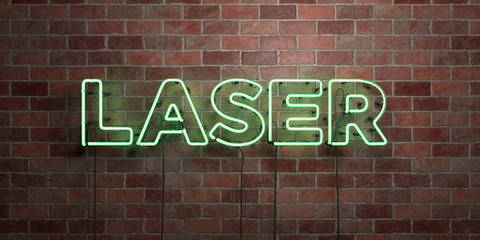 LASER - fluorescent Neon tube Sign on brickwork - Front view - 3D rendered royalty free stock picture. Can be used for online banner ads and direct mailers..