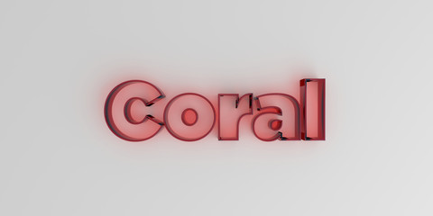 Coral - Red glass text on white background - 3D rendered royalty free stock image.