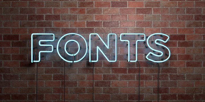 FONTS - fluorescent Neon tube Sign on brickwork - Front view - 3D rendered royalty free stock picture. Can be used for online banner ads and direct mailers..