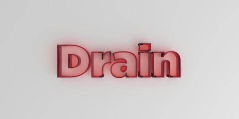 Drain - Red glass text on white background - 3D rendered royalty free stock image.