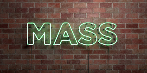 Fototapeta na wymiar MASS - fluorescent Neon tube Sign on brickwork - Front view - 3D rendered royalty free stock picture. Can be used for online banner ads and direct mailers..