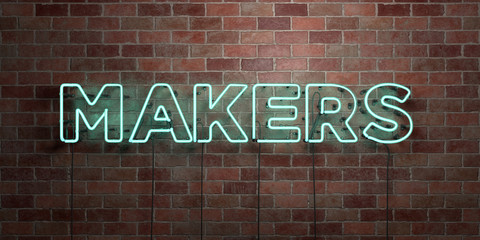 MAKERS - fluorescent Neon tube Sign on brickwork - Front view - 3D rendered royalty free stock picture. Can be used for online banner ads and direct mailers..