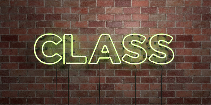 CLASS - fluorescent Neon tube Sign on brickwork - Front view - 3D rendered royalty free stock picture. Can be used for online banner ads and direct mailers..
