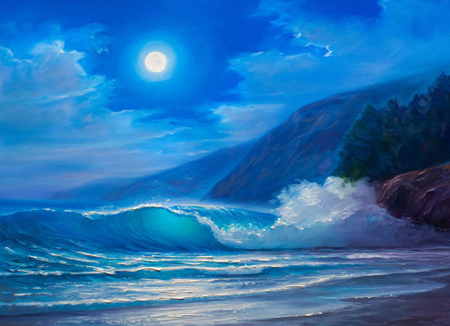 Night storm at sea,  painting .Sea wave.