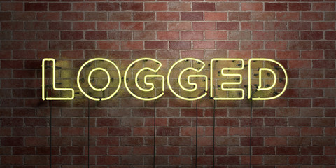 LOGGED - fluorescent Neon tube Sign on brickwork - Front view - 3D rendered royalty free stock picture. Can be used for online banner ads and direct mailers..