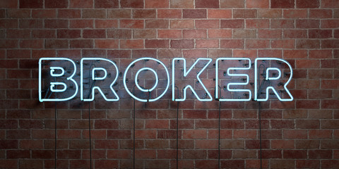BROKER - fluorescent Neon tube Sign on brickwork - Front view - 3D rendered royalty free stock picture. Can be used for online banner ads and direct mailers..