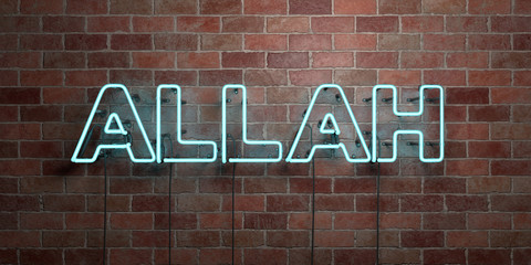 ALLAH - fluorescent Neon tube Sign on brickwork - Front view - 3D rendered royalty free stock picture. Can be used for online banner ads and direct mailers..
