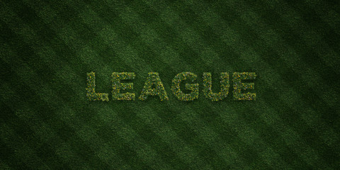 LEAGUE - fresh Grass letters with flowers and dandelions - 3D rendered royalty free stock image. Can be used for online banner ads and direct mailers..