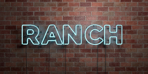 Fototapeta na wymiar RANCH - fluorescent Neon tube Sign on brickwork - Front view - 3D rendered royalty free stock picture. Can be used for online banner ads and direct mailers..