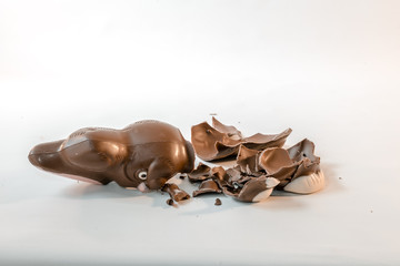 Broken chocolate Easter Bunny fallen smashed in pieces against a white backdrop floor