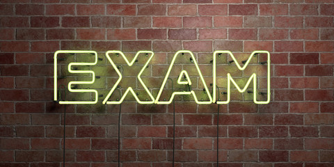 EXAM - fluorescent Neon tube Sign on brickwork - Front view - 3D rendered royalty free stock picture. Can be used for online banner ads and direct mailers..