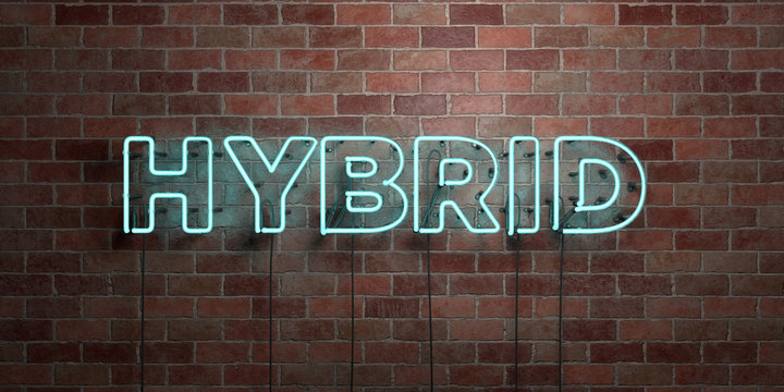 HYBRID - fluorescent Neon tube Sign on brickwork - Front view - 3D rendered royalty free stock picture. Can be used for online banner ads and direct mailers..