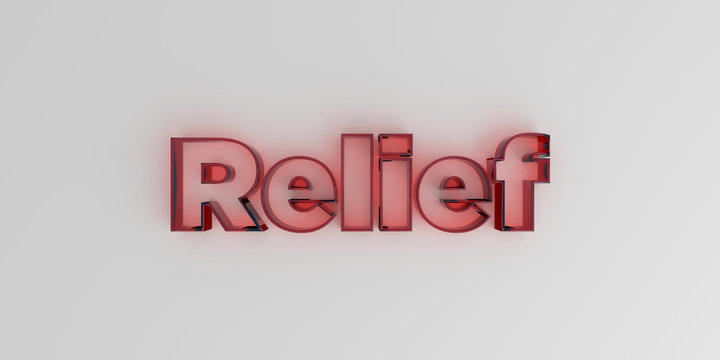 Relief - Red glass text on white background - 3D rendered royalty free stock image.