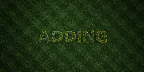 ADDING - fresh Grass letters with flowers and dandelions - 3D rendered royalty free stock image. Can be used for online banner ads and direct mailers..