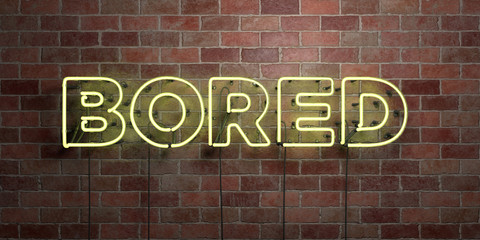 BORED - fluorescent Neon tube Sign on brickwork - Front view - 3D rendered royalty free stock picture. Can be used for online banner ads and direct mailers..