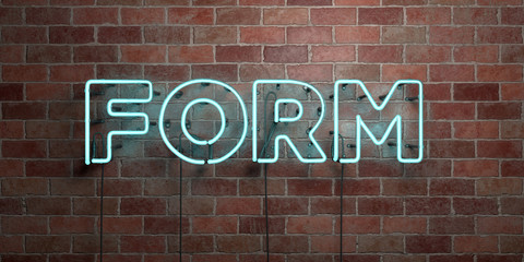 Fototapeta na wymiar FORM - fluorescent Neon tube Sign on brickwork - Front view - 3D rendered royalty free stock picture. Can be used for online banner ads and direct mailers..