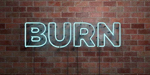 BURN - fluorescent Neon tube Sign on brickwork - Front view - 3D rendered royalty free stock picture. Can be used for online banner ads and direct mailers..