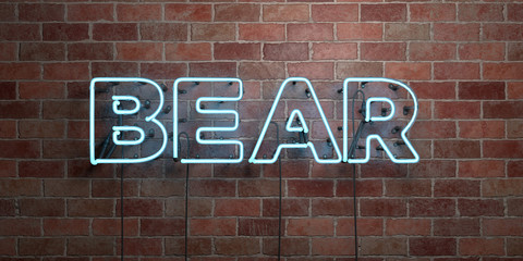 BEAR - fluorescent Neon tube Sign on brickwork - Front view - 3D rendered royalty free stock picture. Can be used for online banner ads and direct mailers..