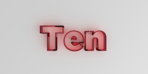 Ten - Red glass text on white background - 3D rendered royalty free stock image.