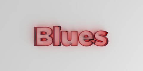 Blues - Red glass text on white background - 3D rendered royalty free stock image.