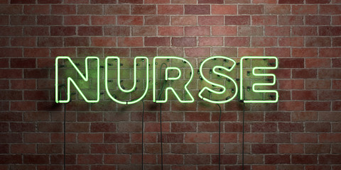 NURSE - fluorescent Neon tube Sign on brickwork - Front view - 3D rendered royalty free stock picture. Can be used for online banner ads and direct mailers..