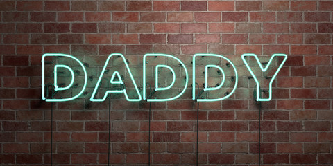 DADDY - fluorescent Neon tube Sign on brickwork - Front view - 3D rendered royalty free stock picture. Can be used for online banner ads and direct mailers..