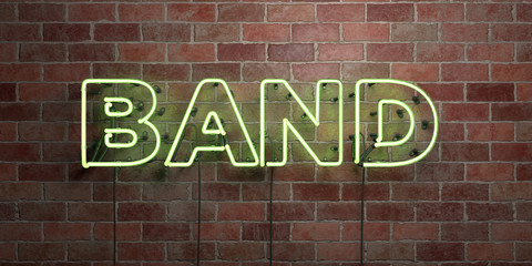 BAND - fluorescent Neon tube Sign on brickwork - Front view - 3D rendered royalty free stock picture. Can be used for online banner ads and direct mailers..