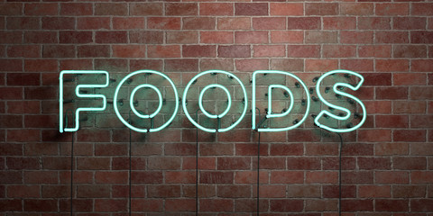 Fototapeta na wymiar FOODS - fluorescent Neon tube Sign on brickwork - Front view - 3D rendered royalty free stock picture. Can be used for online banner ads and direct mailers..