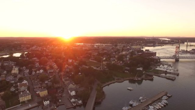 Portsmouth Aerial v13 Flying low over downtown at sunset.