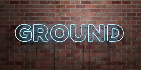GROUND - fluorescent Neon tube Sign on brickwork - Front view - 3D rendered royalty free stock picture. Can be used for online banner ads and direct mailers..