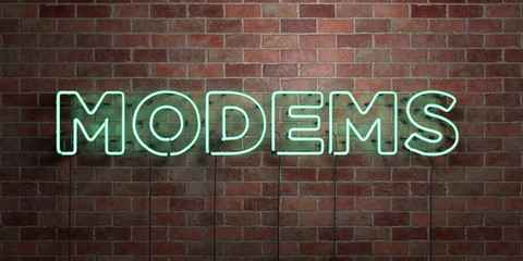 MODEMS - fluorescent Neon tube Sign on brickwork - Front view - 3D rendered royalty free stock picture. Can be used for online banner ads and direct mailers..