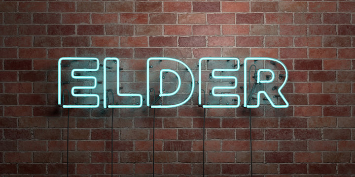 ELDER - fluorescent Neon tube Sign on brickwork - Front view - 3D rendered royalty free stock picture. Can be used for online banner ads and direct mailers..