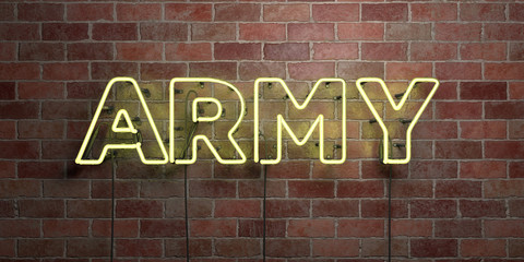 ARMY - fluorescent Neon tube Sign on brickwork - Front view - 3D rendered royalty free stock picture. Can be used for online banner ads and direct mailers..
