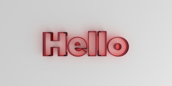 Hello - Red glass text on white background - 3D rendered royalty free stock image.