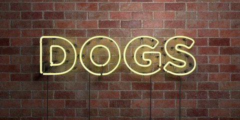 DOGS - fluorescent Neon tube Sign on brickwork - Front view - 3D rendered royalty free stock picture. Can be used for online banner ads and direct mailers..