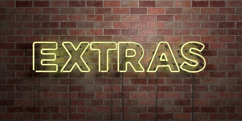 EXTRAS - fluorescent Neon tube Sign on brickwork - Front view - 3D rendered royalty free stock picture. Can be used for online banner ads and direct mailers..