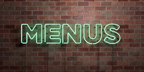 MENUS - fluorescent Neon tube Sign on brickwork - Front view - 3D rendered royalty free stock picture. Can be used for online banner ads and direct mailers..