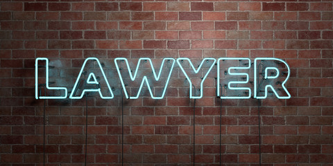 LAWYER - fluorescent Neon tube Sign on brickwork - Front view - 3D rendered royalty free stock picture. Can be used for online banner ads and direct mailers..