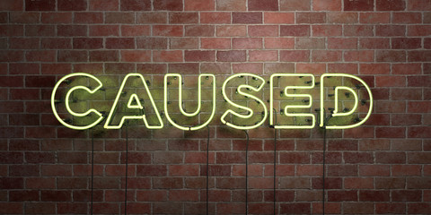 CAUSED - fluorescent Neon tube Sign on brickwork - Front view - 3D rendered royalty free stock picture. Can be used for online banner ads and direct mailers..