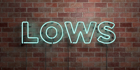 LOWS - fluorescent Neon tube Sign on brickwork - Front view - 3D rendered royalty free stock picture. Can be used for online banner ads and direct mailers..