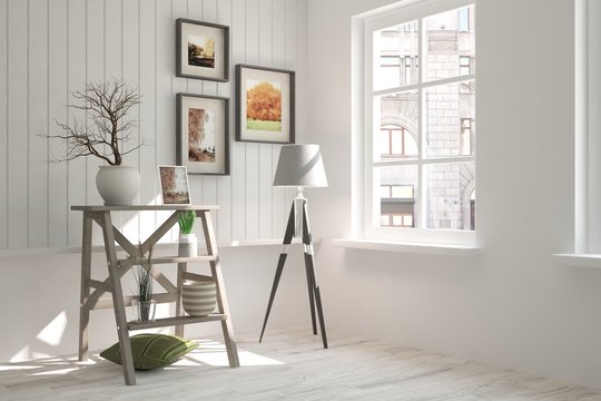 White room with shelf and urban landscape in window. Scandinavian interior design