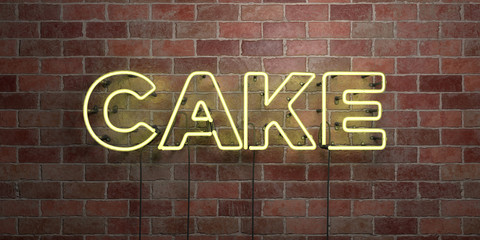 CAKE - fluorescent Neon tube Sign on brickwork - Front view - 3D rendered royalty free stock picture. Can be used for online banner ads and direct mailers..