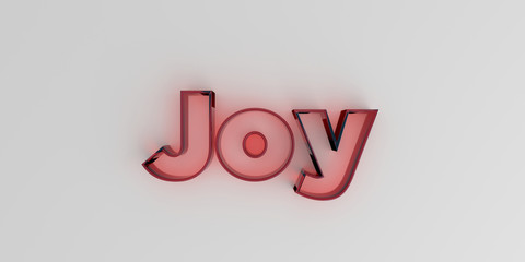 Joy - Red glass text on white background - 3D rendered royalty free stock image.