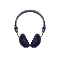 Black headphones on white background, top view