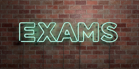 EXAMS - fluorescent Neon tube Sign on brickwork - Front view - 3D rendered royalty free stock picture. Can be used for online banner ads and direct mailers..
